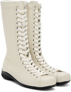 Mid-calf grained leather boots in off-white. · Lace-up closure · Zip closure at inner side · Mesh lining · Rubber sole Supplier color: White White Lace-up Boots With Round Toe, Cream Leather Lace-up Boots With Round Toe, White High-top Lace-up Leather Boots, White High-top Leather Lace-up Boots, White High-top Lace-up Boots, High Ankle Cream Leather Boots, White Lace-up Boots With Leather Sole, Cream Leather High Ankle Boots, Cream Lace-up Boots With Leather Sole