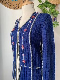 Blue Irish Crochet Jacket Women Floral Cotton Jacket Knitted - Etsy Turkey Handmade Fitted Winter Cardigan, Handmade Fitted Long Sleeve Cardigan, Handmade Vintage Winter Outerwear, Handmade Vintage Cardigan For Winter, Handmade Vintage Winter Cardigan, Handmade Knit Long-sleeve Outerwear, Handmade Knit Long Sleeve Outerwear, Handmade Knit Outerwear With Long Sleeves, Handmade Long Sleeve Cotton Sweater