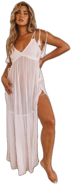 V-neck Maxi Dress With Tassel Ties For Vacation, V-neck Beach Dress For Beach Wedding, Beachwear Dresses With Split For Beach Cover-up, Bohemian Sheer V-neck Maxi Dress, V-neck Beach Dress With Lace Trim, Bohemian Sheer V-neck Cover-up, V-neck Beach Dress With Lace Trim As Cover-up, Sheer Lace Beachwear Cover-up, Summer Sheer Lace Maxi Dress