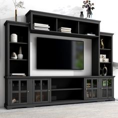 PRICES MAY VARY. With smooth line, pure color and tempered glass, this TV stand set will add an atmosphere of understated luxury to your living room. This wall unit features a 66 inch console, two pier units and an overhead bridge providing ample storage options. Reasonable use of cabinet space. TV cabinet, bookshelf, wine cabinet, display cabinet are all in one, creating own style of exquisite life. To ensure the stability and long-term usage, the main body is manufactured of particle board. Eq Tv Console Modern, Entertainment Wall Units, Practical Style, Living Room Entertainment Center, Tv Console Table, Minimalism Style, Entertainment Wall, Living Room Entertainment, Tempered Glass Door