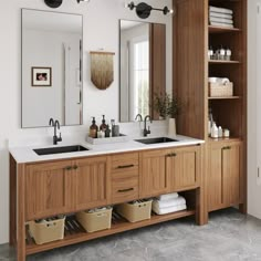 a bathroom with double sinks and wooden cabinets