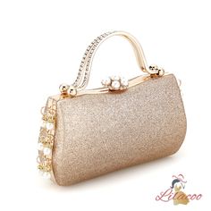 Polished elegance meets modern design in this exquisite handbag, perfect for adding a touch of glamour to any outfit. This bag features a sophisticated, shimmering gold exterior that exudes luxury and style. The standout design element is the array of delicate pearls adorning the top clasp and sides, adding a classic and timeless touch. The structured shape ensures it holds its form beautifully, whether you’re carrying it by the elegant handle or draping it over your shoulder with the detachable Chic Gold Shoulder Bag For Wedding, Elegant Handheld Evening Bag For Events, Gold Evening Bag With Detachable Handle For Party, Gold Clutch Bag For Evening, Luxury Pearl Clutch For Formal Occasions, Gold Glamorous Bag For Formal Events, Elegant Gold Bags For Parties, Luxury Pearl Evening Bag As Gift, Glamorous Formal Bag With Gold-tone Hardware