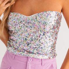 Super Cute Multicolored Strapless Sequin Top Chic Fitted Multicolor Tube Top, Chic Multicolor Bandeau Top, Spring Strapless Sequin Tops, Strapless Sequin Tops For Spring, Chic Multicolor Tube Top For Party, Chic Summer Tube Top With Sequins, Chic Sequined Summer Tube Top, Chic Summer Sequin Tube Top, Summer Sequined Bandeau Tops