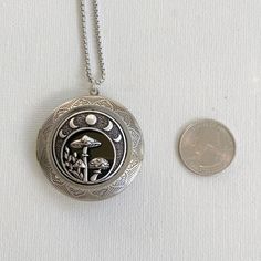 Extra Large Mushrooms and Moon Phase Locket Necklace, Silver Locket With Photos, Deep Locket, Oversized Locket, Cottagecore Jewelry - Etsy Vintage Locket Jewelry For Festivals, Vintage Festival Locket Jewelry, Bohemian Engraved Round Locket Necklace, Vintage Sterling Silver Moon Phase Jewelry, Bohemian Nickel-free Pendant Locket Necklace, Vintage Metal Jewelry With Moon Phase, Vintage Silver Jewelry With Moon Phase, Bohemian Engraved Round Pendant Locket Necklace, Bohemian Medallion Locket Necklace