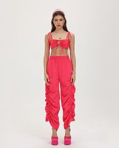 Model (WearingXS):• Height: 171cm | Bust: 83cm | Waist: 59cm | Hips: 89cmDetails: Long pants with ruched ankle designBottom Length: LongMaterials:95% Polyester + 5% Spandex Spring Bottoms With Gathered High Waist, Spring High Waist Bottoms With Gathered Waist, High Waist Bottoms With Gathered Waist For Spring, Summer Parachute Pants With Drawstring, Summer Party Bottoms With Drawstring, Trendy Party Bottoms With Drawstring, Trendy Ruched Bottoms For Summer, Trendy Drawstring Bottoms For Party, Fitted Ankle-length Parachute Pants For Spring