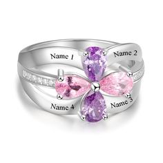 Sterling Silver 4 Birthstone Ring is a triple-layered ring with small silver stones embedded in the center layer, it also has four birthstones in the center in the shape of a flower and it can be personalized by engraving four names on it along with a message inside the ring making it an ideal gift for family or for a group of friends. Features: Color: Silver Material: Silver Style: Personalized Size: Available Size: US - 6/7/8/9 Weight: 4g Luxury Three Stone Birthstone Promise Ring, Luxury Solitaire Birthstone Ring For May, Mothers Ring 6 Stones, Mothers Ring 3 Stone Sterling Silver, Luxury Gift Birthstone Ring With Round Band, Luxury Three Stone Birthstone Ring, Cheap Sterling Silver Birthstone Ring As A Gift, Luxury Three Stone Birthstone Ring For Formal Occasions, Sister Rings For 4