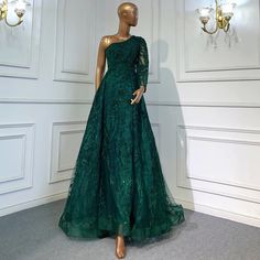 Emerald Green One-Shoulder Mermaid Evening Dress with Overskirt: Luxury Formal Party Gowns for Plus Size Women's Wedding Gowns For Plus Size Women, Gowns For Plus Size, Green Luxury, Beaded Mermaid, Formal Parties, Mermaid Evening Dress, Plus Size Gowns, Emerald Green Color, Mermaid Evening Dresses