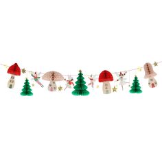 a christmas garland with houses, trees and stars hanging from the side on a white background