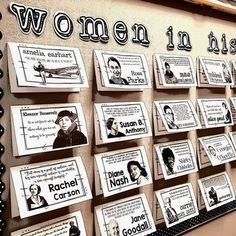 a bulletin board with women in history written on it and magnets attached to the wall