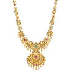 This wonderful gold temple jewelry necklace features a lush assortment of colorful stones and an engraved traditional Indian design that includes beautiful peacock birds. The elaborate design and style of this long 22k gold necklace makes it perfect for adorning bridal and traditional gowns. Features • 22k yellow gold • Cubic zirconia • Emerald • Engraved details • Pearls • Ruby As a leading gold Indian jewelry store in the USA, we are proud to offer a wide selection of beautiful Indian gold jew Luxury Temple Necklace In Yellow Gold With 17 Jewels, Luxury Yellow Gold Temple Necklace For Festivals, Luxury Multicolor Temple Necklace For Women, Luxury Yellow Gold Emerald Temple Necklace, Luxury Yellow Gold Round Temple Necklace, Luxury Yellow Elegant Temple Necklace, Luxury Traditional Yellow Temple Necklace, Luxury Yellow Gold Temple Necklace For Celebration, Luxury Yellow Gold Temple Necklace For Anniversary