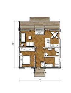 the floor plan for a small cabin with two bedroom and living room, as well as kitchen