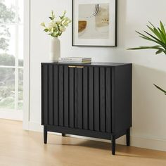 a black cabinet sitting next to a potted plant on top of a hard wood floor