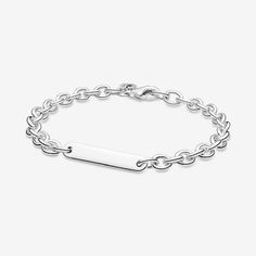 Personalize your wrist with the Engravable Bar Link Bracelet. Hand-finished in sterling silver, this bracelet features a simple polished silver bar on a chain bracelet. Both sides of the silver bar are engravable. Each bracelet can be adjusted up or down one size. Whether you engrave your initials, an important date or another message that has special meaning to you, this bracelet is the epitome of modern, chunky, customized style. - Pandora Engravable Bar Link Bracelet - Sterling silver - Sz. 7 Classic Silver Chain Charm Bracelet, Classic Charm Bracelet With Cable Chain, Classic Sterling Silver Cable Chain Bracelets, Classic Silver Name Bracelet, Classic Personalized Sterling Silver Bracelet, Classic Sterling Silver Name Bracelet For Everyday, Classic Sterling Silver Name Bracelet, Classic Silver Charm Bracelet, Personalized Classic Sterling Silver Bracelet