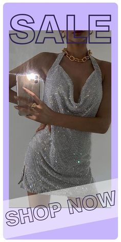 Silver Fashion Sexy Rhinestone Backless Halter Sleeveless Dress Glamorous Sleeveless Dress For Night Out, Sleeveless Sequin Dress With Rhinestones For Evening, Sleeveless Sequin Dress With Rhinestones For Summer, Embellished Sleeveless Halter Dress For Night Out, Sleeveless Sequin Dress With Rhinestones For Club, Sparkling Sleeveless Mini Dress For Cocktail, Elegant Sparkling Sleeveless Mini Dress, Sleeveless Sparkling Cocktail Mini Dress, Elegant Sleeveless Sparkling Mini Dress