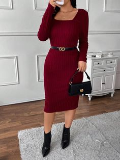 Plus Size Casual Ribbed Velvet Square Neck Knee Length Bodycon Dress Burgundy Elegant  Long Sleeve Knitted Fabric Plain Bodycon Slight Stretch  Women Plus Clothing, size features are:Bust: ,Length: ,Sleeve Length: Red Knitted Dress, Red Sweater Dress With Boots, Burgundy Sweater Dress Outfit, Red Sweater Dress Outfit, Bodycon Midi Dress Outfit, Burgundy Sweater Dress, Money Dress, Winter Mode Outfits, Red Sweater Dress