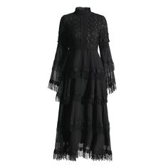 Stand collar flare sleeved lace tiered dress ts50147, click to shop now|free stable shipping world-wide! Fitted Long Sleeve Maxi Dress With Ruffles, Winter Long Sleeve Midi Dress With Ruffles, Winter Long Sleeve Ruffled Midi Dress, Black Long Sleeve Long Dress For Spring, Black Long Sleeve Dress For Spring, Winter Long Sleeve Maxi Dress With Ruffles, Spring Fitted Dress With Fringe, Black Long Sleeve Bohemian Midi Dress, Black Bohemian Long Sleeve Midi Dress