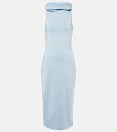 Hooded jersey midi dress in blue - Alaia | Mytheresa Chic Stretch Longline Dress, Chic Longline Stretch Dress, Spring Bodycon Longline Dress, Spring Longline Bodycon Dresses, High Neck Bodycon Midi Dress In Elastane, Spring High-neck Dress With Side Slits, Spring High Neck Dress With Side Slits, Sleek High Neck Spring Bodycon Dress, Spring Maxi Dress In Elastane