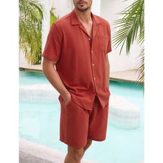 Elevate your summer wardrobe with the WhizMax Men's 2-Piece Summer Beach Outfit. This set includes a short-sleeve button-down shirt and matching drawstring shorts, perfect for a relaxed yet stylish look.

- Material: Soft, skin-friendly fabric for optimal comfort
- Shirt Features: Cuban collar, short sleeves, single chest pocket
- Shorts Features: Elastic waist with drawstring, two side pockets
- Color: Solid, classic hue for versatile styling
- Gender: Male
- Age Group: Adult

Designed with a t Casual Short Sleeve Sets For Summer, Casual Linen Sets For Vacation, Casual Linen Sets For Summer, Casual Linen Summer Set, Beach Sets With Pockets And Shorts, Casual Solid Color Sets For Vacation, Casual Solid Color Vacation Sets, Summer Beach Sets With Pockets, Summer Beach Sets In Solid Color