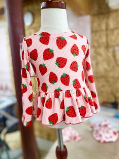 Strawberry top or dress made of ribbed knit. We offer in this listing,  Peplum top or Dress, or belle pants. Sweet Fitted Tops For Summer, Playful Long Sleeve Tops With Matching Set, Playful Long Sleeve Tops With Ruffles, Cute Strawberry Print Tops For Spring, Sweet Fruit Print Tops For Spring, Cute Tops With Fruit Print For Spring, Pink Fall Playwear Top, Sweet Fitted Tops For Spring, Spring Long Sleeve Tops For Playdate