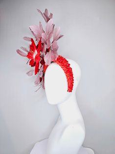 Kentucky Derby Hat Fascinator Large Red Flower With Red and White Leaves With Blush Pink Feathers on Red Crystal Beaded Headband - Etsy Red Headband For Carnival Party, Carnival Red Party Headband, Red Feather Headpiece For Kentucky Derby, Red Adjustable Fascinator With Feathers, Adjustable Red Fascinator With Feathers, Red Feathered Headpiece For Kentucky Derby, Adjustable Red Feathered Fascinator, Red Fitted Feather Headpieces, Red Feathered Evening Headpieces