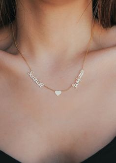 Necklace Name Design, Double Name Necklace, Mangalsutra Bracelet, Names Necklace, Double Name, Real Diamond Necklace, Sideways Initial Necklace, Necklace With Heart, Pretty Jewelry Necklaces