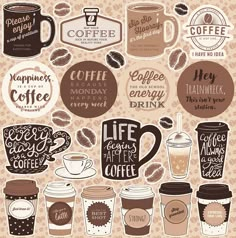 coffee related stickers on a brown background