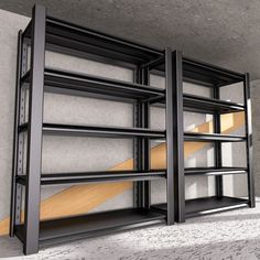 an empty book shelf with some books on it's sides and two wooden shelves in the middle