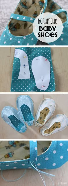 the instructions for how to make baby shoes with fabric and paper, are shown in three different ways