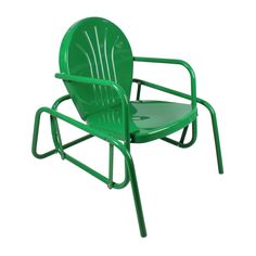 a green plastic lawn chair with arms and back rests on an isolated white background,