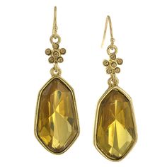 Organic in shape and bold in sparkle, these colorful drop earrings are fun and flirty. Large stones are held in gold tone settings which sway from crystal flower posts. A unique and charming accessory that adds a pop of color to any outfit. These nickel free earrings are 1.90"L x 0.60"W in size. Available in green (olivine) and yellow (topaz) Measurements: 1.90" L x 0.60" W 2028 Jewelry Collection 2028 Jewelry features more fashion forward design choices comprised of premium components. The coll