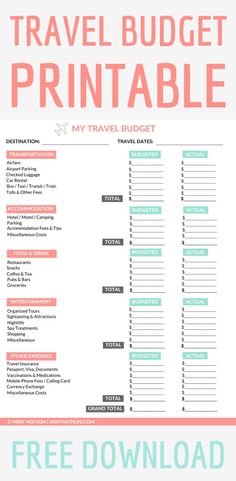 the travel budget printable is shown in pink and blue, with text overlaying it