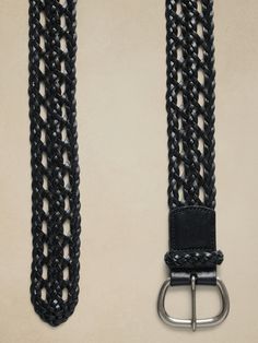 Woven luxury, this braided belt is made from sturdy leather for a classic and sleek addition to any waistline.  Width: 2. 25" (5. 7cm) Formal Leather Rope Belt, Formal Woven Leather Belt, Classic Leather Rope Belt, Classic Braided Leather Belt, Accessory Inspo, Braided Belt, Belt Black, Open Weave, Black Belt