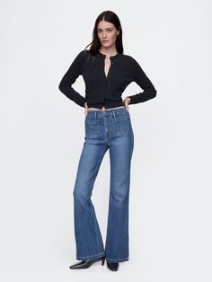 Fit: Snug & flattering through the hip & thigh with a flared leg. ​ Fabric: 86% Cotton, 13% Recycled Materials, 1% Stretch.  Stretch: Stretch Jeans.  A bit of hug & a lot of hold.  Comfortable & designed to flatter.  Rise: High Rise Jeans.  Look: A four-pocket jean in a medium indigo wash.  Details: Zip fly, front & back patch pockets.  Responsibly Made: This pair of jeans is part of our water-saving Washwell program.  Compared to conventional wash methods, Washwell has saved millions of liters of water since 2016.  Our High Rise Jean has an 11" 28 cm) rise. ​ Slim through the hip & thigh.  Flared leg.  Full-length jean.  Hits below the ankle. ​ 21. 5" 55 cm) leg opening.  Inseam: Petite 30" 76 cm), Short 31" 78 cm), Regular 32" 81 cm), Long 34. 5" 88 cm), Tall 36. 5" 93 cm).  Model is app Relaxed Fit High Rise Dark Wash Flare Jeans, Casual High Rise Indigo Flare Jeans, Non-stretch High-waisted Flare Jeans With Pockets, Front Pocket Jeans, Straight High Waisted Jeans, Non-stretch Full-length Flare Jeans With Pockets, Mid-rise Stretch Flare Jeans With Belt Loops, Jeans Look, Water Saving