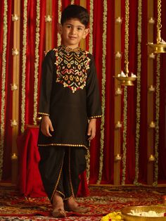 vastramay boys black navratri special embroidered dhoti kurta set Black Kurta For Diwali Celebration, Black Kurta With Zari Work For Celebration, Festive Black Kurta For Celebrations, Black Sharara For Eid Celebration, Black Salwar Kameez For Diwali Celebration, Black Salwar Kameez For Festivals And Celebrations, Traditional Black Sharara For Festive Occasions, Black Sherwani With Pallu For Festivals, Black Dabka Sets For Diwali