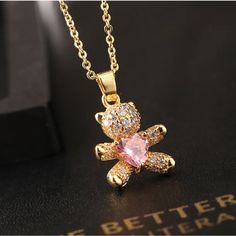 Gold Necklace Pink Rhinestone Brand New Cute Pink Clavicle Chain Jewelry, Pink Cubic Zirconia Rhinestone Necklace As Gift, Pink Cubic Zirconia Clavicle Necklace, Pink Rhinestone Clavicle Chain Necklace, Pink Clavicle Chain Rhinestone Necklace, Pink Rhinestone Necklace For Valentine's Day, Trendy Pink Cubic Zirconia Jewelry, Trendy Pink Rhinestone Jewelry, Pink Cubic Zirconia Necklace For Party