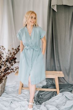 "MsWrinkle's clothing - from human to human. 100% handmade. *Description* - Loose fit shirt dress with short sleeves, buttons, pockets and belt; - High quality European linen; - Washed and softened (doesn't shrink anymore); - Medium weight linen (170 g/m2); - Our linen is OEKO-TEX certified that meets human ecological safety requirements; - Not transparent; - Not ironed and we suggest to use tumble dryer to keep soft and naturally wrinkled look. *Sizes* For perfect fit please send us your bust a Summer Cotton Belted Dress For Daywear, Summer Cotton Belted Dress With Tie Waist, Relaxed Fit Button-up Dress With Rolled Sleeves, Summer Dresses With Rolled Sleeves For Daywear, Summer Daywear Dress With Rolled Sleeves, Short Sleeve Shirt Dress With Pockets For Beach, Summer Tunic Shirt Dress For Work, Casual Relaxed Fit Shirt Dress With Tie Waist, Short Sleeve Belted Dress For Daywear