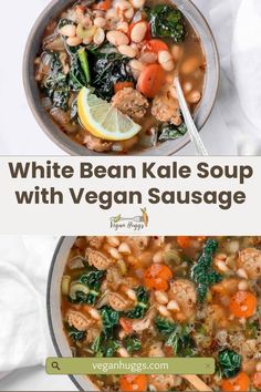 white bean kale soup with vegan sausage