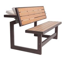 a wooden bench sitting on top of a metal frame with no backrests or arms