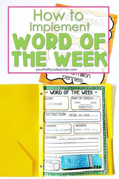 a yellow folder with the words word of the week written on it and an image of a