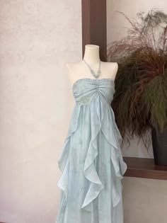 Cute A line Halter Ruffled Floral Blue Women's Long Vacation Dresses S – SweetDress Empire Waist Prom Dress Long, Light Blue Beach Dress, Vintage Blue Dress 1950s Style, Light Blue Dresses Aesthetic, Ruffle Slip Dress, Under The Sea Homecoming Theme Dress, Deep Sea Inspired Fashion, Casual Pretty Dresses, Long Dresses Flowy