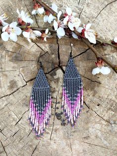 Anthracite Ombre Beaded Fringe Earrings Seed Bead Earrings - Etsy Multicolor Fringe Dangle Jewelry, Festival Fringe Earrings With Round Beads, Summer Chandelier Earrings With Dangling Beads, Summer Chandelier Dangling Bead Earrings, Summer Chandelier Dangle Earrings With Beads, Summer Chandelier Dangle Earrings With Dangling Beads, Pink Beaded Fringe Jewelry For Festival, Beaded Tassel Drop Earrings, Colorful Dangle Beaded Earrings