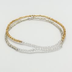 "This stretch bracelet features a 1.5\" section of genuine 2mm faceted clear quartz crystals. It can be made with either sterling silver or gold accent beads. The bracelet is finished with high quality Miyuki Delica duracoat beads in either galvanized gold or silver finish.  This bracelet can be customized for size. If you are unsure of your wrist size, simple measure a bracelet that you like the length of; or wrap a string tightly around your wrist and then measure the length. Add .5 inches to Everyday White Crystal Bracelet With Faceted Beads, Adjustable Faceted Crystal Bracelet For Everyday, Adjustable Faceted Beads Bracelets For Layering, Adjustable Faceted Crystal Bracelet In Minimalist Style, Minimalist Adjustable Faceted Crystal Bracelet, Adjustable Silver Stretch Bracelet With Faceted Details, Adjustable Silver Faceted Stretch Bracelet, Silver Adjustable Faceted Stretch Bracelet, Adjustable Faceted White Beaded Bracelets