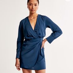 Size Small Brand New With Tags Abercrombie & Fitch Long-Sleeve Draped Mini Dress Wrap Bodice V Neck Blue Small Blue V-neck Mini Dress For Fall, Formal Blue Long Sleeve Dress For Fall, Formal Long Sleeve Blue Dress For Fall, Blue Long Sleeve Dress For Formal Fall Occasions, Blue Formal Wrap Dress With Surplice Neckline, Blue Wrap Dress With Surplice Neckline For Formal Occasions, Fitted Long Sleeve Blue Dress For Fall, Fitted Blue Wrap Dress For Work, Chic Blue Long Sleeve Formal Dress