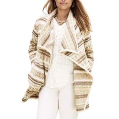 Brand New. Soft Acrylic-Polyester Knit Open Cardigan In Neutral Beige & Cream Tones. Wide Draping Lapels. Two Side Seam Pockets. Size Down If Between Sizes, Imo. Price Is Firm. Orders Ship Same/Next Day From Our Minidoodle/Sf Home Nordic Style Beige Sweater For Fall, Beige Nordic Sweater For Fall, Fair Isle Pattern Sweater Coat For Fall, Cozy Fair Isle Sweater Coat For Fall, Cream Fair Isle Pattern Outerwear For Fall, Cream Fair Isle Outerwear For Fall, Beige Fair Isle Sweater For Cold Weather, Beige Fair Isle Pattern Sweater For Cold Weather, Cozy Fair Isle Cardigan For Fall