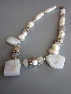 Artisan Handcrafted Druzy Pearl Women's Necklace by hogwildjewelry Elegant White Necklaces With Large Stone, Elegant White Necklace With Large Stone, White Stone Necklaces For Jewelry Making, White Crystal Jewelry With Stones, White Pendant Jewelry With Stones, White Stone Pendant Jewelry, White Spiritual Jewelry With Stones, Spiritual White Stone Jewelry, White Gemstone Beads Jewelry For Wedding