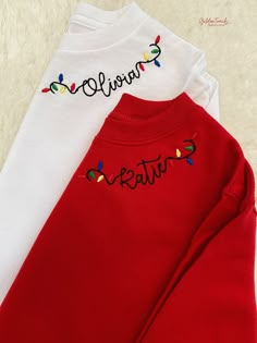 EMBROIDERED TODDLER SHIRT WITH CUSTOM NAME IN CHRISTMAS LIGHTS Long sleeve, embroidered with custom name surrounded by colorful Christmas lights, toddler/unisex sizing, 100% cotton. Name appears along the collar-line of the shirt. Available in RED (sweatshirt) or WHITE (long-sleeve tee) Please enter the name you'd like embroidered in the personalization box. Failure to enter the name could result in order delays. Please be sure to enter the exact name and double check spelling. GTE cannot be hel Christmas Embroidery Designs For Shirts, Christmas Shirt Embroidery Designs, Diy Christmas Tshirts Ideas T Shirts, Christmas Embroidery Crewneck, Hand Embroidered Christmas Shirt, Christmas Light Shirt, Christmas Shirt Embroidery, Christmas Embroidery Ideas Shirts, Cute Embroidery Crewneck