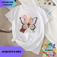 This white tee features a beautiful watercolor style butterfly, perfect for adding an artistic, boho chic touch to your summer wardrobe. The unique, handmade design makes each piece special. Made of soft and breathable cotton, it is ideal for casual and relaxed looks. Wear art in style! Trendy White T-shirt With Butterfly Print, Vintage Butterfly Print T-shirt For Summer, White Butterfly T-shirt For Summer, White Watercolor Print Short Sleeve T-shirt, Casual White T-shirt With Watercolor Print, White Butterfly T-shirt For Spring, Artistic White Summer T-shirt, White Bohemian T-shirt With Letter Print, Vintage White T-shirt As Gift