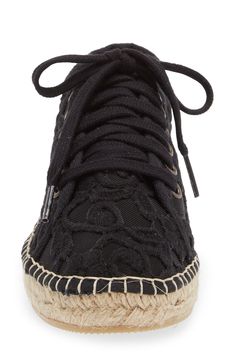 An espadrille-style sole and floral-embroidered lace bring undeniable texture to a versatile sneaker that will take you from special occasions to coffee dates. Lace-up style Textile upper/synthetic and textile lining/synthetic sole Made in Spain Women's Shoes Textile Sneakers With Flat Heel And Laces, Black Sneakers With Contrast Sole For Summer, Spring Lace-up Sneakers With Contrast Sole, Spring Textile Lace-up Sneakers, Black Espadrilles With Textured Sole For Spring, Black Spring Espadrilles With Textured Sole, Spring Beach Sneakers With Cushioned Footbed, Summer Lace-up Sneakers With Cushioned Footbed, Lace-up Sneakers With Cushioned Footbed For Summer