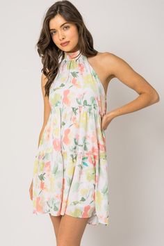 Floral print halter dress Chic High Neck Midi Dress For Summer, Casual Floral Dress With Vibrant Print For Day Out, Halter Neck Midi Dress With Elastic Neckline, Summer High Neck Maxi Dress, Multicolor Printed Sleeveless Dress For Spring, Spring Multicolor Printed Sleeveless Dress, Casual Summer Floral Dress With Vibrant Print, White Vibrant Print Summer Dress, Chic Floral Print Sundress For Spring