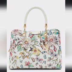 Gorgeous Spring Bag. By Aldo. Never Worn, Still In Plastic Wrap. Sold Out In Stores And Online. Colorful Florals And Butterflies. White Rope Handle With Gold Zipper Closure. Three Interior Compartments. Luxury Floral Print Top Handle Bag, Leather Top Handle Bag With Floral Print, Elegant Leather Shoulder Bag With Floral Print, Chic White Satchel With Handles, Chic Floral Print Shoulder Bag With Double Handle, Elegant Top Handle Bag With Floral Print, Elegant Floral Print Bag For Everyday Use, Elegant Floral Print Shoulder Bag For Everyday Use, Elegant Floral Print Top Handle Shoulder Bag